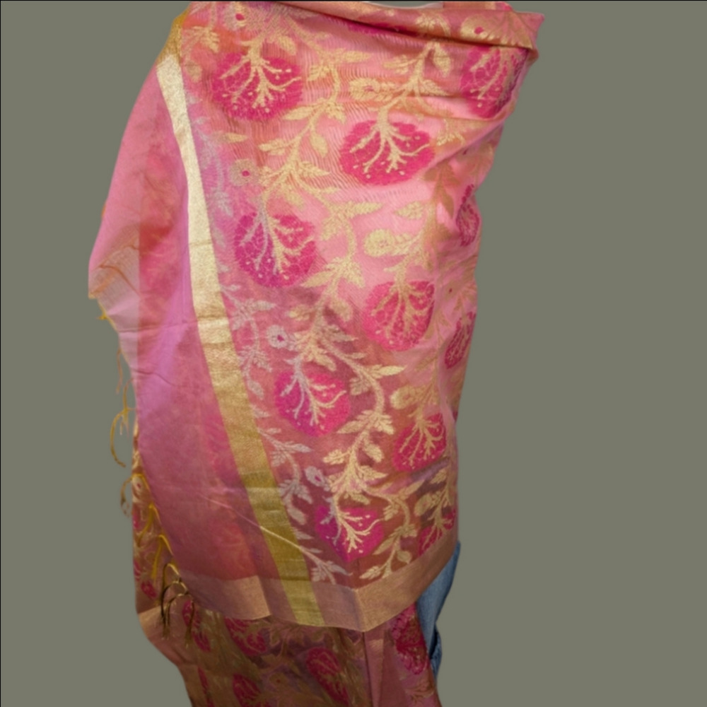 Scarf Wrap Style Bold Floral Pink Gold With Fringe Bohemian
